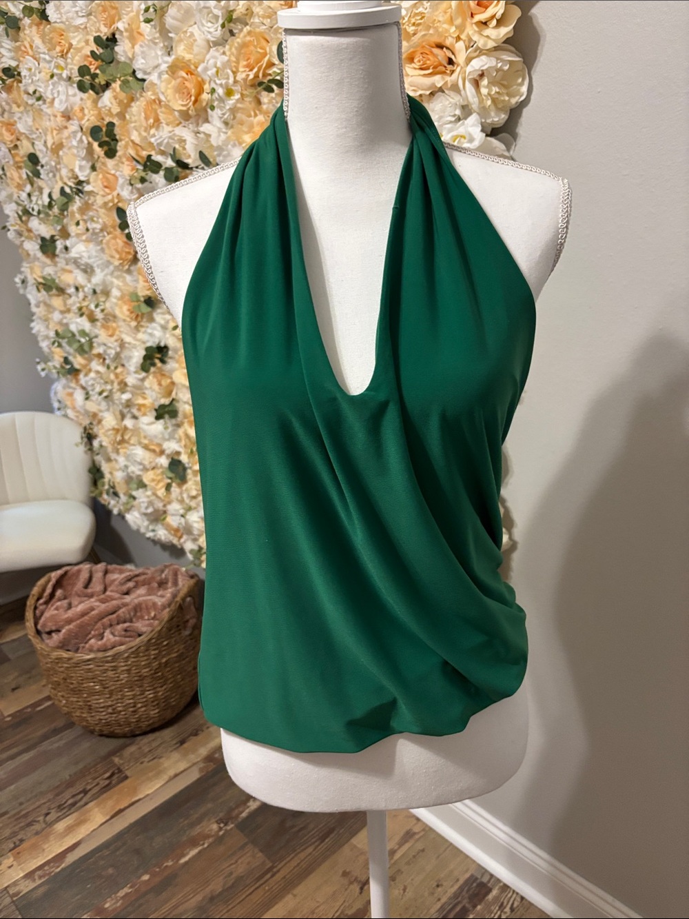 Express Emerald Green Halter Drape Front Top